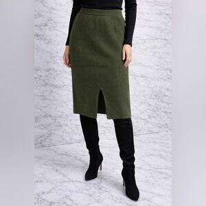 Uniqlo Olive Green Ribbed Knit Midi Skirt Front Slit Small